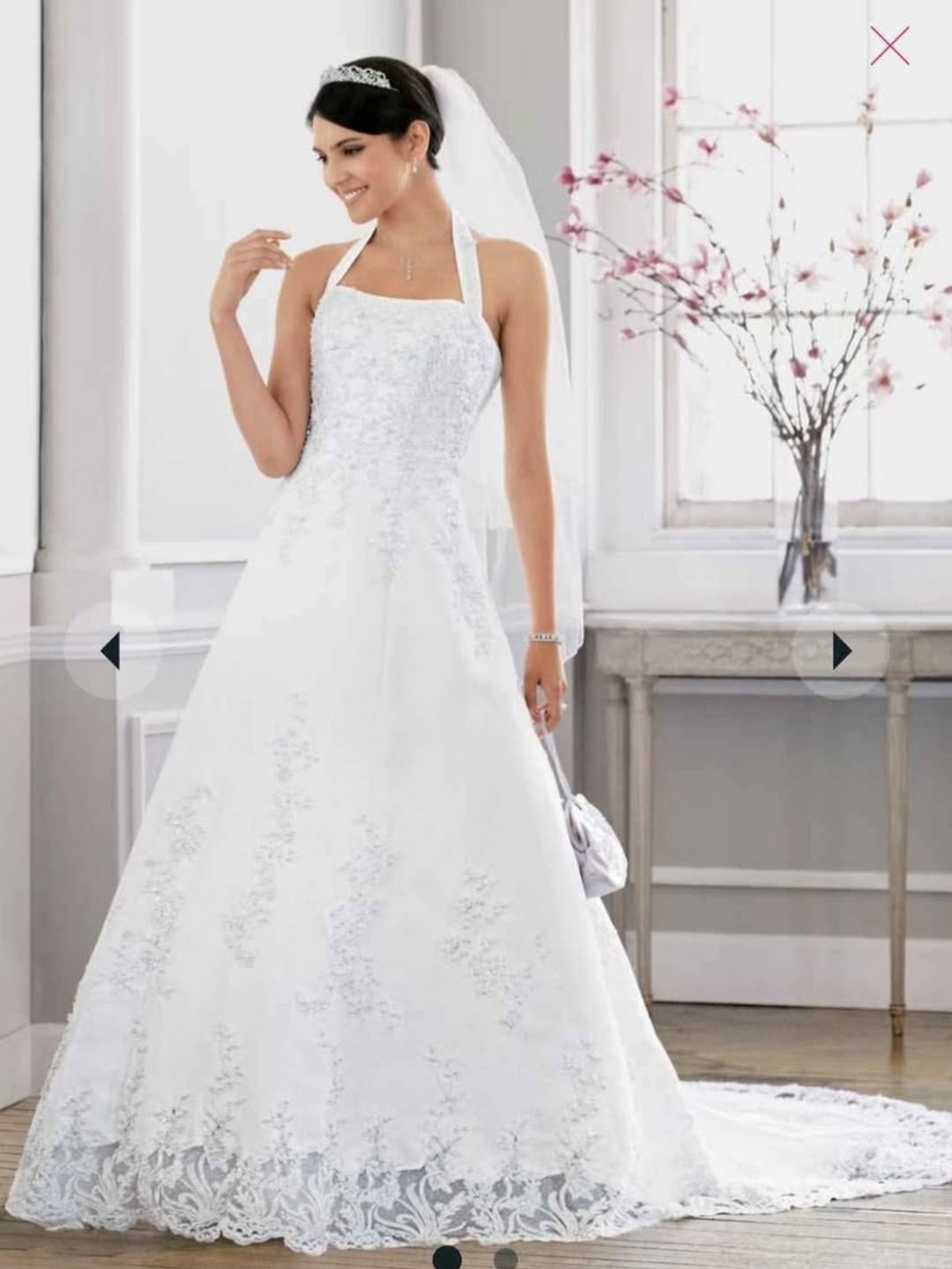 Michaelangelo White Lace Halter A-Line Wedding Gown